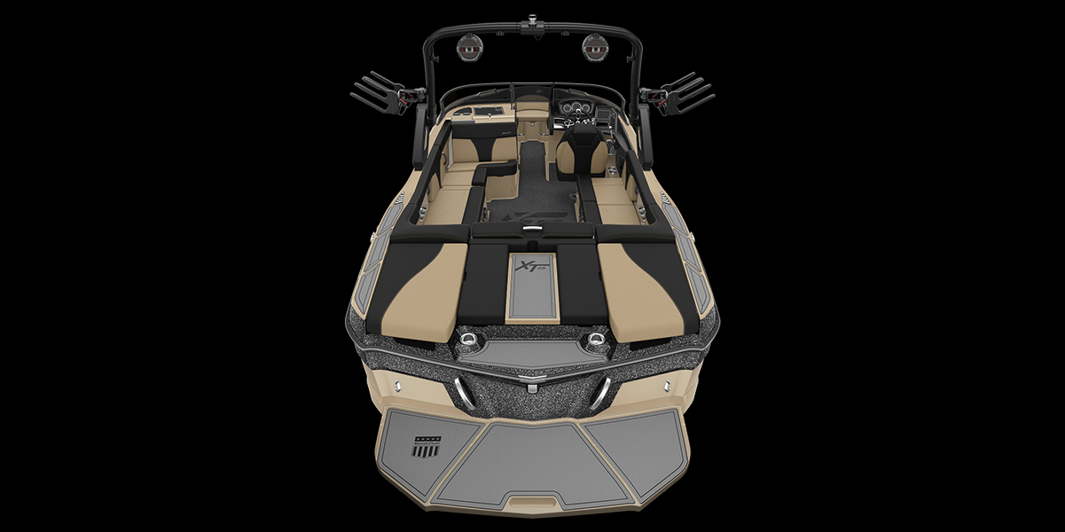 Transom image of the XT25 wake boat on black background