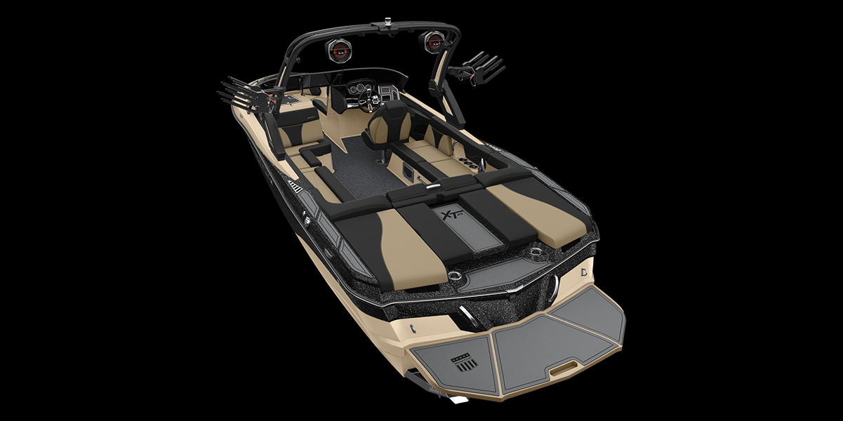 Rear image of the XT25 wake boat on black background